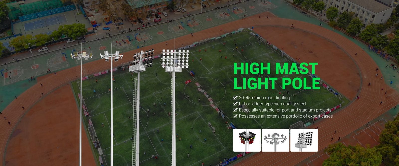 25m+ high mast poles with LED floodlights seen from above